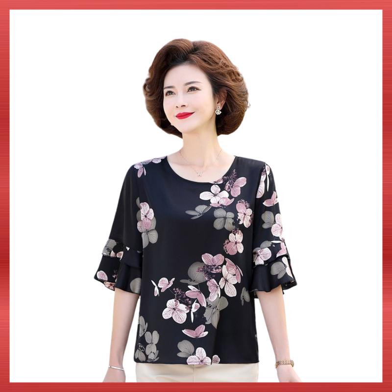 Áo Kiểu Trung Niên A127, Mẫu Sơ Mi Hoa Tặng Mẹ Tay Xếp Tầng Cổ Tròn Lụa Mango, Top Thời Trang Trung Niên NP Clothing U50