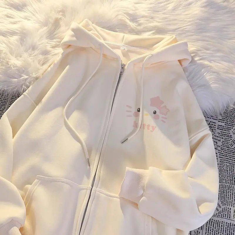 Áo Hoodie In Hình Hello Kitty, Thiết Kế Đẹp, Lót Lông Cừu, Dày Và Rộng, Áo Cardigan Có Khóa Kéo, Thích Hợp Cho Mùa Thu Và Mùa Đông, Nữ, Hàng Mới Về Năm 2024