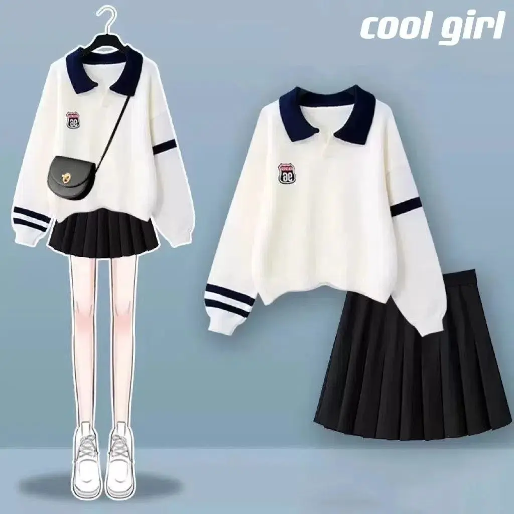 Bộ Đồ Phong Cách Preppy, Áo Len Cổ Polo Dài Tay Dáng Rộng Phong Cách Hàn Quốc Cho Bé Gái Mùa Thu, Chân Váy Xếp Ly, Bộ Hai Mảnh, Bán Chạy Năm 2025 Top Women Top Women