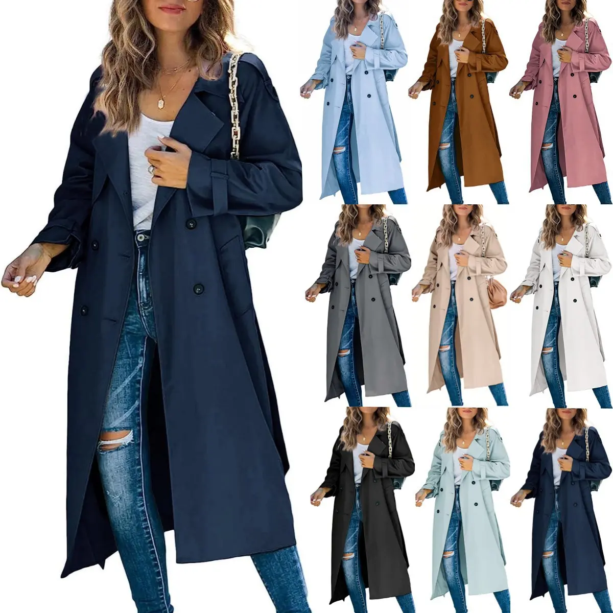 Women's Solid Button Belted Trench Coat, Casual Lapel Collar Long Sleeve Coat for Fall & Winter, Women's Clothing for Daily Wear, Weekday Coat Womenswear Jackets Tops Outerwear Comfort Basic Khaki Minimalist Fitted