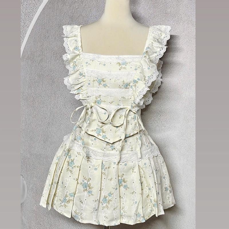 S324 Set hoa nhí tay cánh tiên cổ vuông phối bèo và chân váy xếp li xoè - MITRUC Women