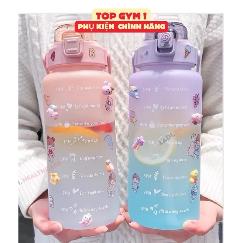 Bình Nước 2 Lít Dễ Thương Có Ống Hút Đàn hồi Tặng Kèm Sticker binhdung nuoc 0