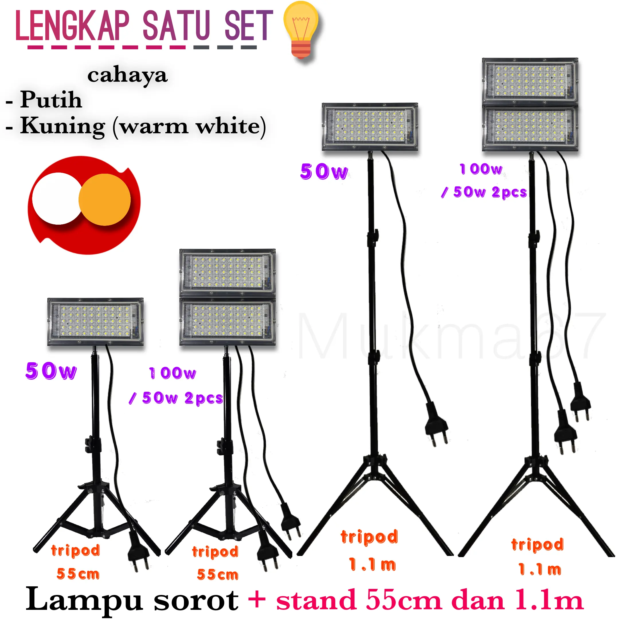 Lampu sorot 50w 100w lengkap satu set stand tripod 1m dan 55cm Putih dan Kuning
