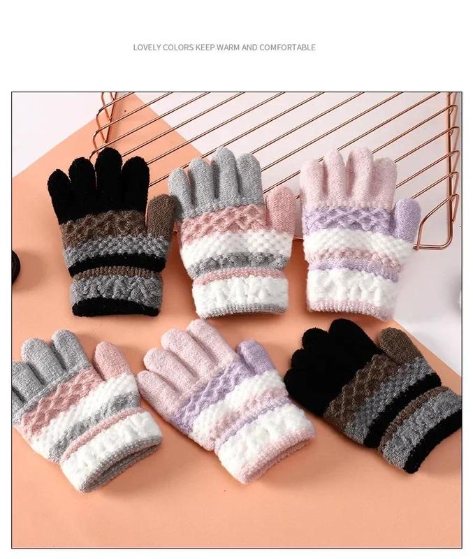 Product Introduction of 1Pair Winter Warm Cotton Baby Gloves Cute Kawaii Children Striped Split-finger Kindergarten for Boys Girls Kids Knitted Gloves 16