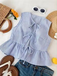 Camiseta sin mangas de rayas con frente con lazo para mujer, top casual sin mangas para verano, ropa de damas para uso diario