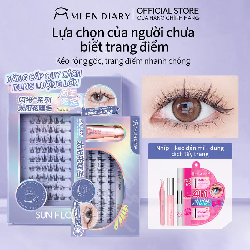 Mlen Diary - Lông Mi Giả HOA HƯỚNG DƯƠNG BẢN TRUNG Có Thể Tái Sử Dụng, Trông Tự Nhiên, Nối Mi, Cụm Phân Đoạn Riêng Lẻ, Mi Giả Bạch Nguyệt Quang