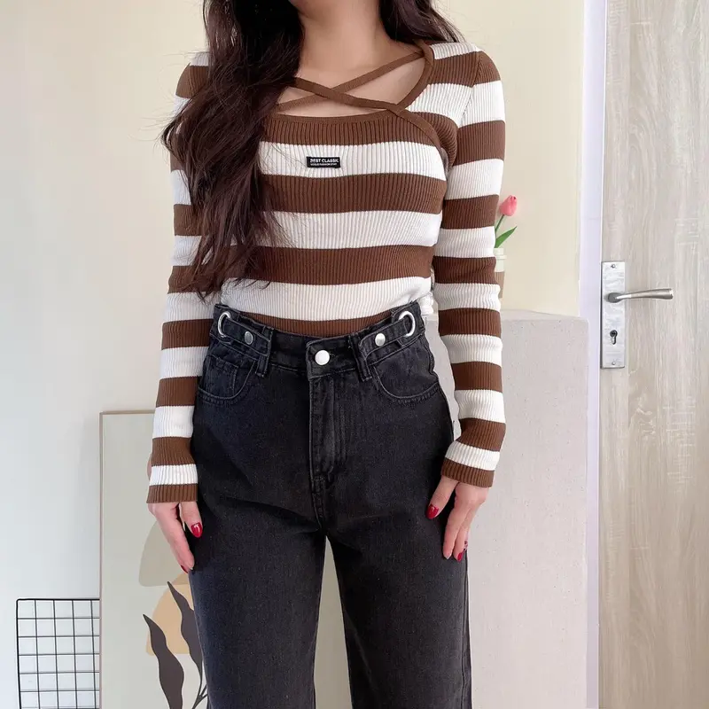 MODAMYTH BT001 - Atasan Knit Lengan Panjang Wanita Korean Style Top Rajut Stripes Knitwear 6