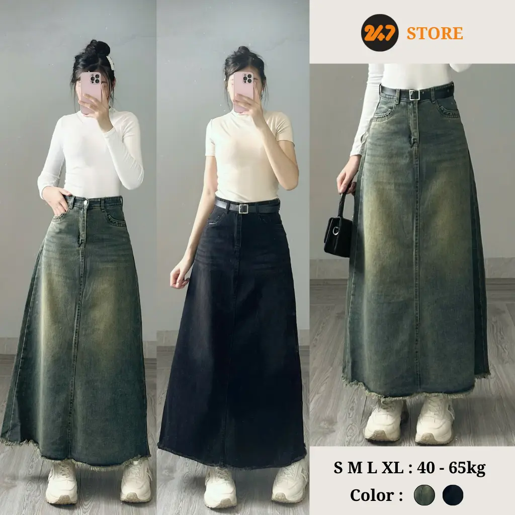 Chân Váy Jeans Bò Nữ Dáng Dài Váy Tua Rua Gấu Cao Cấp Phong Cách Hàn Quốc 7847/7845