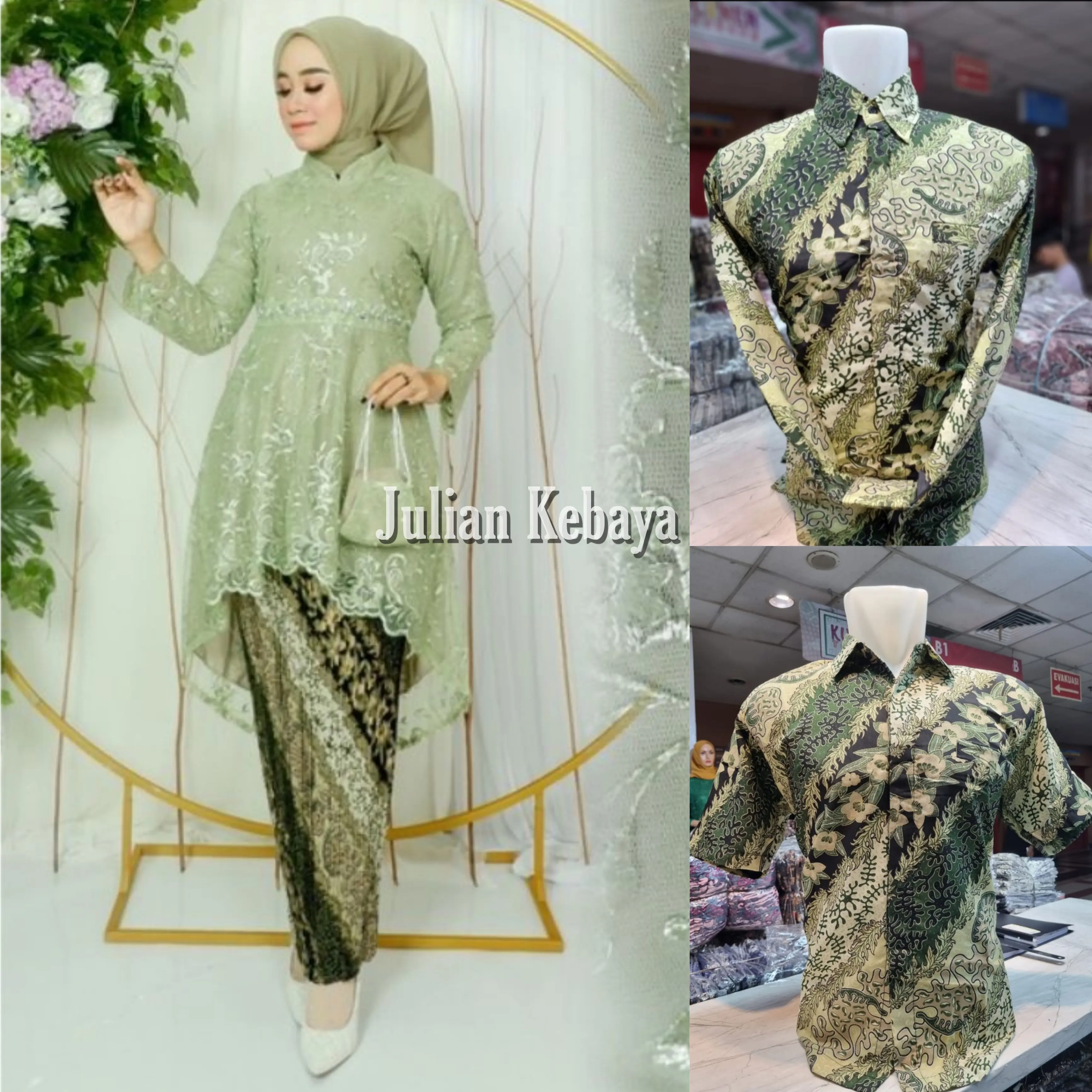 Setelan Baju Couple Kebaya Tunik Payet Sage Green Dan Kemeja Batik Pria Atasan Kondangan Keluarga Pasangan Sarimbit Wisuda Seragam