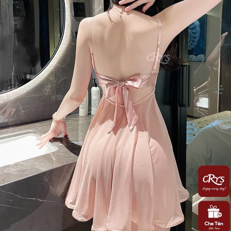 Bộ đồ váy ngủ nữ 2 dây sexy vải xuyên thấu hở lưng cột nơ kèm quần lót lọt khe gợi cảm