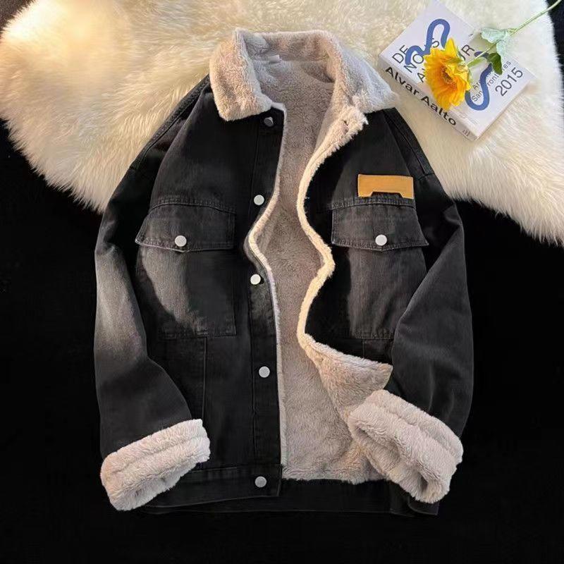 Áo Khoác Denim Len Cừu, Dành Cho Cặp Đôi, Hàng Mới Về Mùa Đông 2023, Lót Lông Cừu, Dày Dặn Và Rộng Rãi, Phong Cách Cổ Điển Dễ Phối Đồ, Áo Khoác Độn Bông, Thích Hợp Cho Phong 4