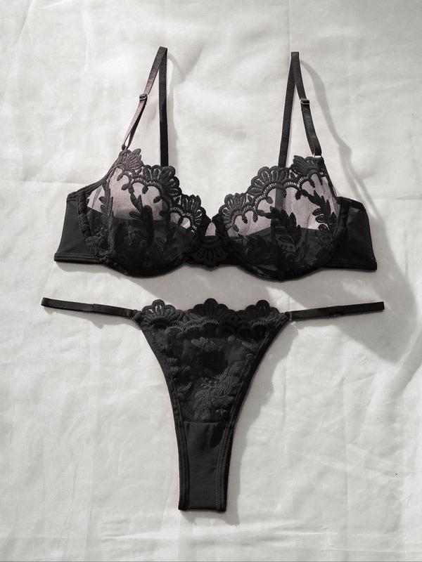 Two-piece Set Women's Floral Lace Underwire Underwear Set, Sexy Adjustable Strap Bra & Sheer Thong, Ladies Underwear Sets for All Seasons Daily Wear, Naughty Lingerie, Womens Underwear 4