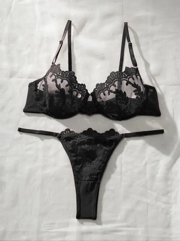 Two-piece Set Women's Floral Lace Underwire Underwear Set, Sexy Adjustable Strap Bra & Sheer Thong, Ladies Underwear Sets for All Seasons Daily Wear, Naughty Lingerie, Womens Underwear 4