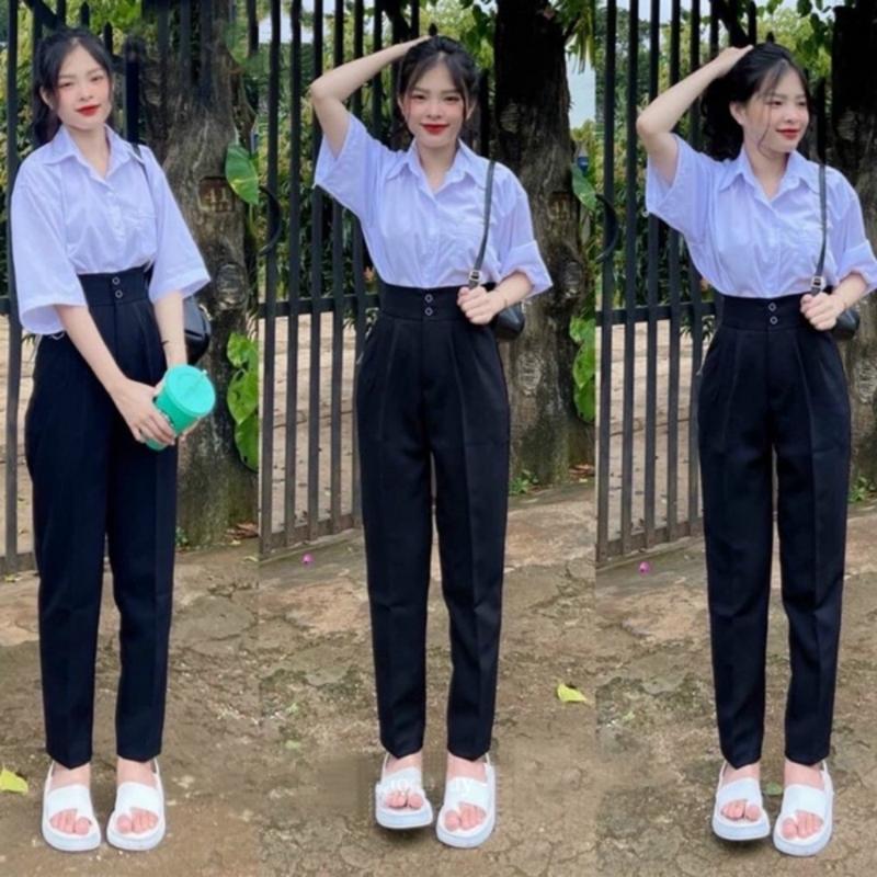 Quần tây nữ đi học 2 nút khuy cúc dọc cài lưng cao dáng quần baggy vải nữ học sinh cấp 3 dày co giãn nhẹ đi học làm công Pants Thun Ong Women