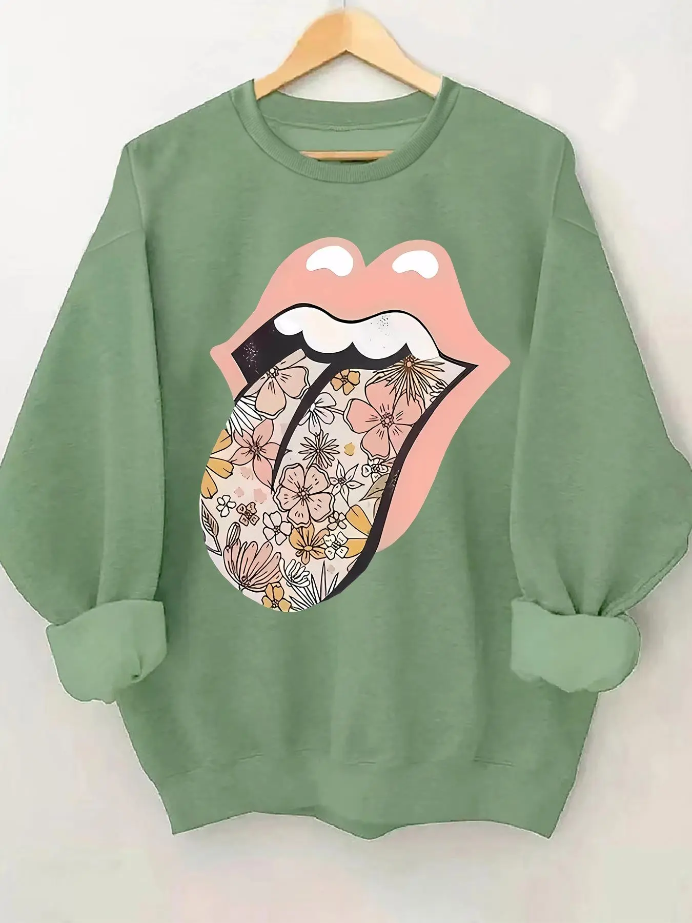 Women's Floral & Lip Print Drop Shoulder Sweatshirt, Casual Long Sleeve Crew Neck Pullover, Ladies Clothes for Fall & Winter