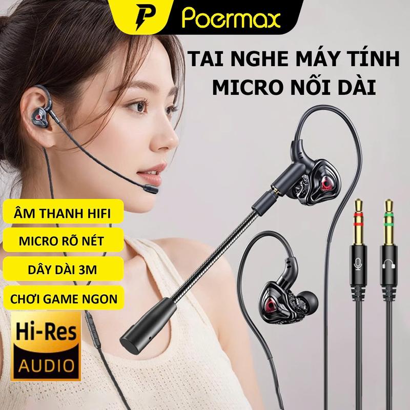 Tai nghe có dây máy tính PC dây dài 3m jack đôi 3.5mm- Poermax G59 PC