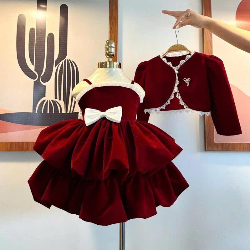 Sét Váy Cho Bé Gái Kèm Áo Khoác XỊn Xò Chất Nhung Bồng Có Nơ Cài Từ 8kg Đến 22kg