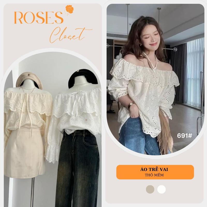 Áo trễ vai ren thô boi tay loe, from rộng style Ulzzang, áo kiểu bèo vai nhún tay bồng nhẹ thêu ren tiểu thư Nhung Nữ Women Kem Bo Chun