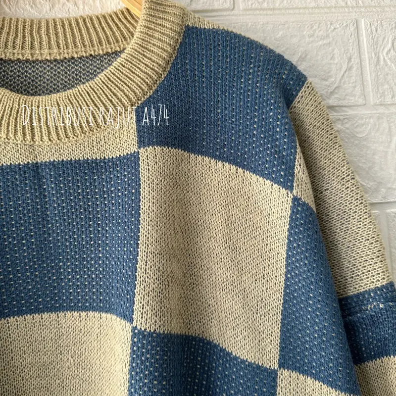 Anjani sweater rajut motif kotak atasan wanita korea lengan panjang Knitwear Fit Tangan 5