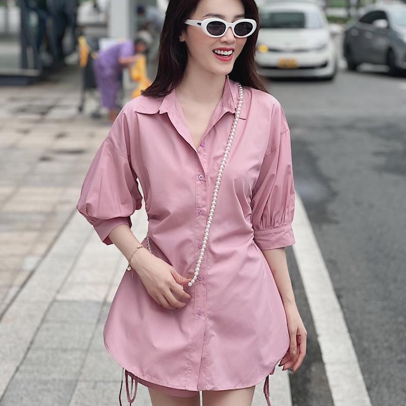 Set đồ nữ COLOUR CLOTHING áo sơmi form dài giấu quần nhún eo kèm quần short lưng thun— Chất kate lụa kiểu nhẹ nhàng, áo girl phố Top Kem