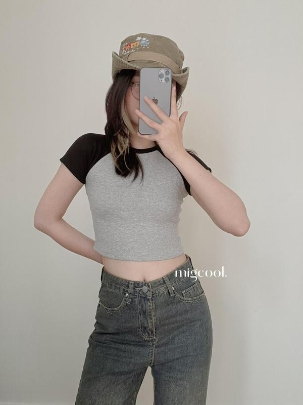 Áo croptop tay ngắn MIGCOOL cổ tròn phối màu kiểu dáng basic trơn PT1