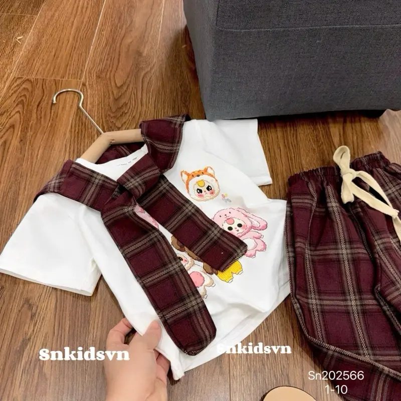 Set Quần suông kẻ áo cotton babythree kèm khăn - set quần kaki boom áo labubu croptop tay dài nhún eo 2 bên 10-30kg cho bé gái Cotton 7