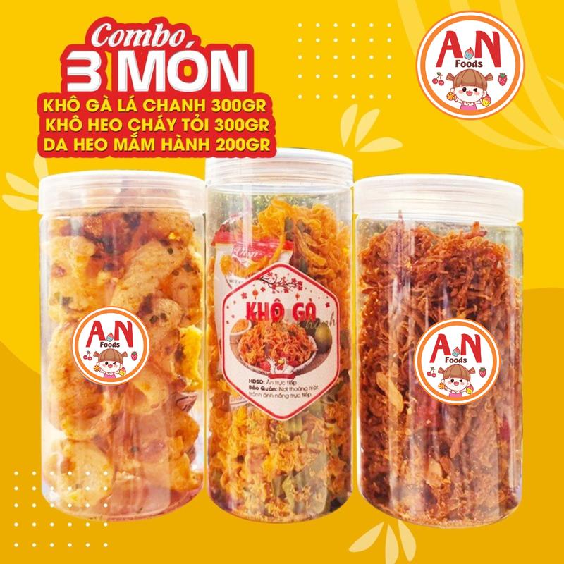 Combo 3 món 800g (khô gà lá chanh 300g + khô heo cháy tỏi 300g + da heo mắm hành hoặc tỏi muối ớt 200g) - AN NHIÊN FOODS