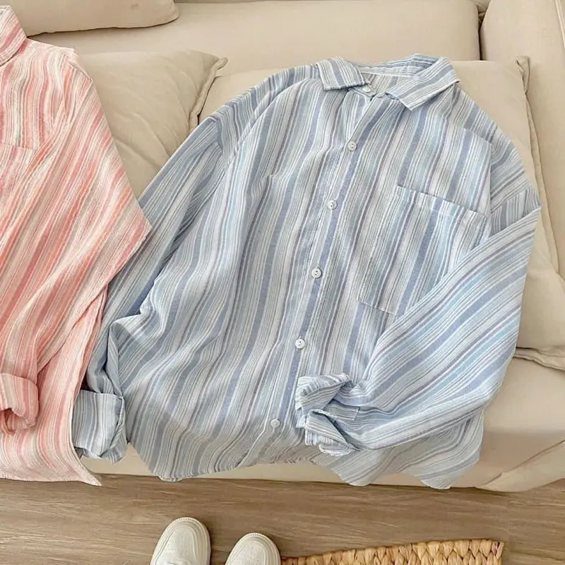 áo cánh & áo sơ mi Áo sơ mi kẻ sọc hottrend kiểu dáng basic giặt bằng nước lạnh đính nơ nữ