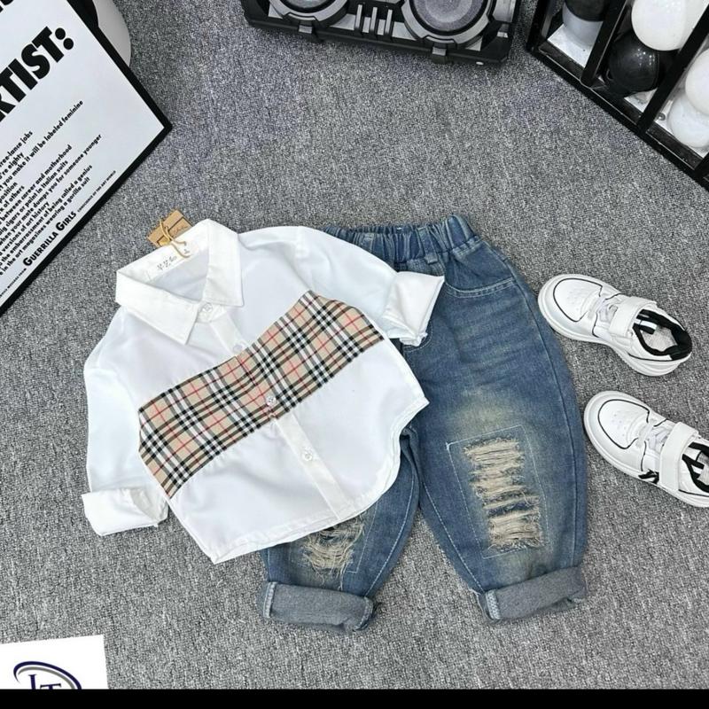 [MaoKids] Bộ quần áo sơ mi lụa PHỐI KẺ BBR + quần Jean Rách cá tính cho bé trai 10-28kg