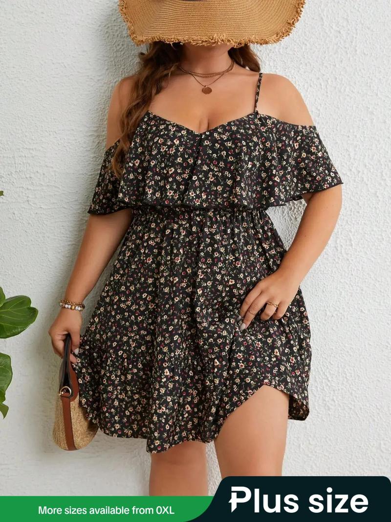 Product Introduction of 【Plus Size】 Ditsy Floral Print Cold Shoulder Dress, Boho Fashion Casual Dress for Daily Holiday Vacation Wear, Women Plus Clothing for Summer, Womenswear 1