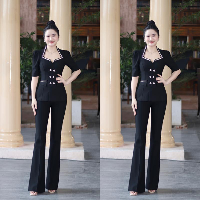 918-920 Set Thiết Kế Gồm Áo Cổ Nữ Hoàng Viền Đá  Phối Cùng Quần Form ống Ôm ( Hoặc Bas)  Lưng Dây kéo Bi Store Women Top