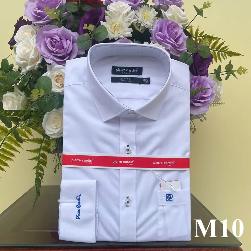 Áo Sơ Mi Nam Pie Cadin, Sơ Mi Trắng Trơn dài tay thêu chữ xanh, Sơ Mi Nam Hàng Xuất Dư Xịn Đẹp 0