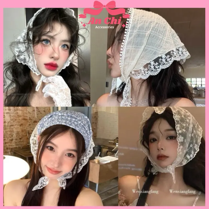 Khăn đội đầu viền ren phong cách vintage ngọt ngào chụp ảnh, phụ kiện thời trang mùa hè cho nữ 0