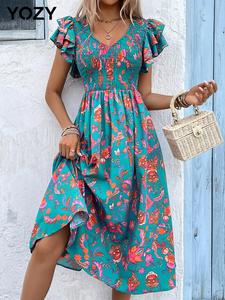 YOZY Floral Print Ruffle Shirred Dress/ Boho Fashion V Neck Layered Butterfly Sleeve A Line Dress, 2024 Women's Holiday Vacation Wear for Spring & Summer