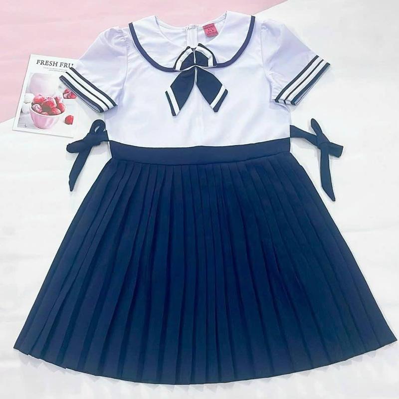 Đồng phục học sinh Áo + Váy liền không quần bé gái - Cotton mịn, hút mồ hôi - Việt Nam vay cho be 5