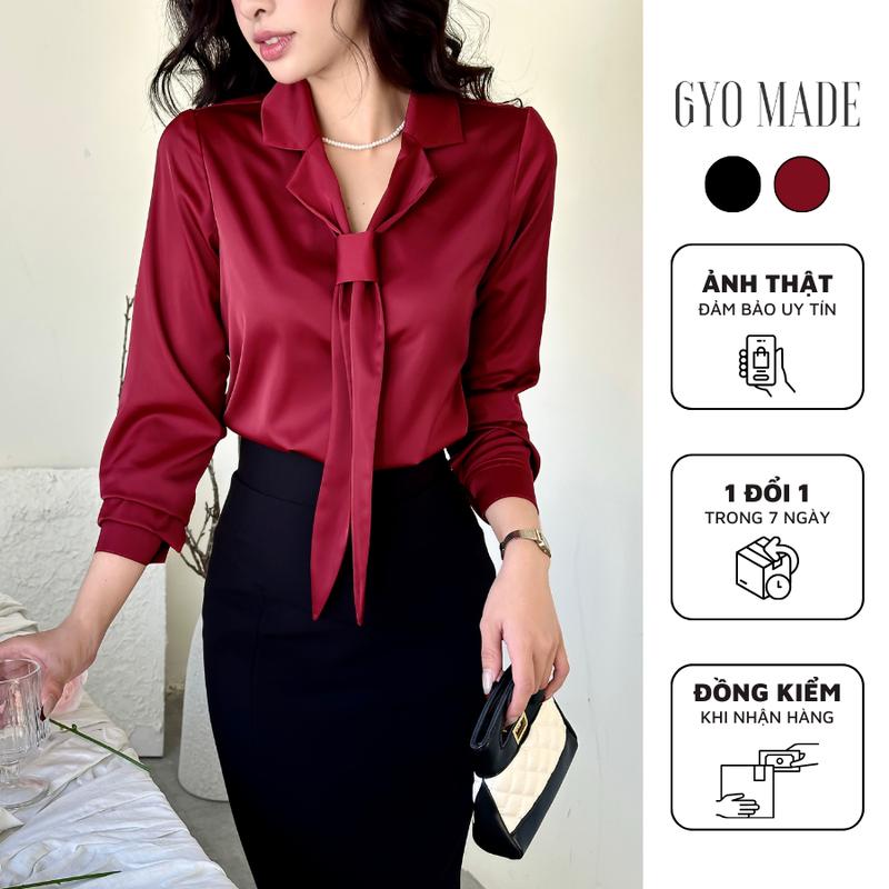 Áo Sơ Mi Lụa Nữ Cao Cấp Phối Cà Vạt Chất Liệu Lụa Tô Châu Sang Trọng, Thanh Lịch Màu Đỏ/Đen | GA070
