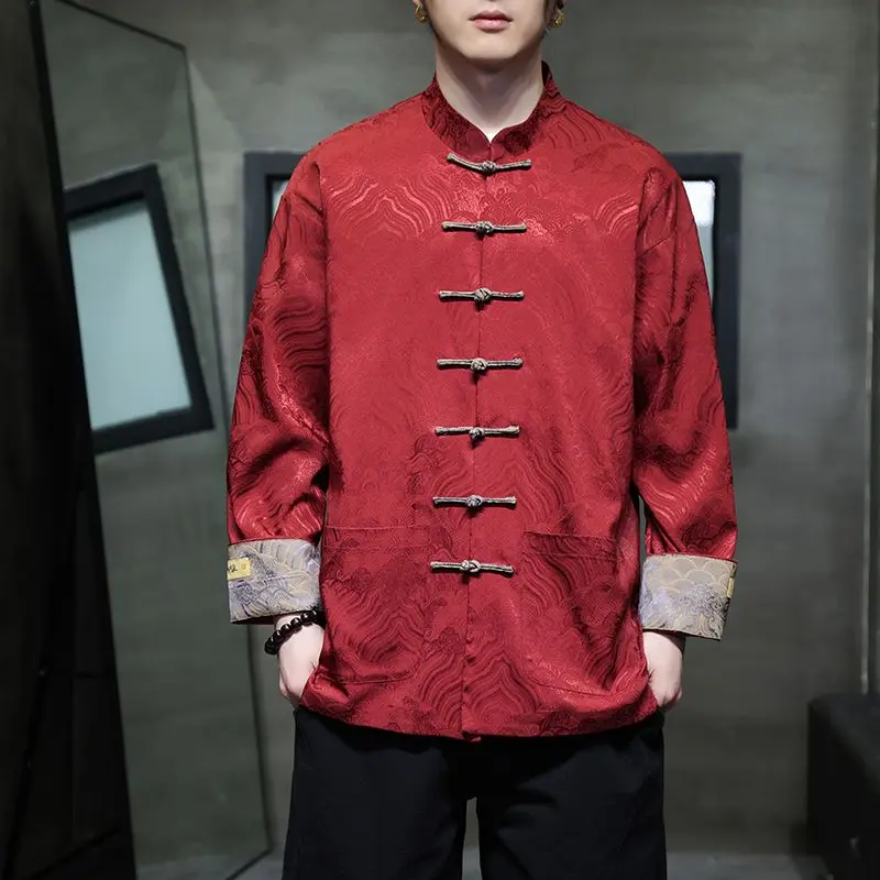 Quần Áo Nam, Phong Cách Trung Quốc Mới, Áo Khoác Sơ Mi Tangzhuang Màu Đỏ, Áo Sơ Mi Dài Tay Mùa Xuân, Áo Hanfu Năm Sinh, Dành Cho Nam Menswear Shirt Có Cổ 5