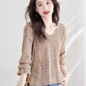 Long Sleeve Top Hollow Knitted Cover-Up Fashionable Sun Protection Loose Small Shirt Korean Style Knitted Shirt 2025
