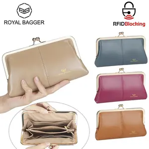 Royal Bagger Dompet Kulit Asli RFID untuk Wanita, Clutch Kiss Lock dengan Multi Slot Kartu, Dompet Kartu Holder Gaya Vintage