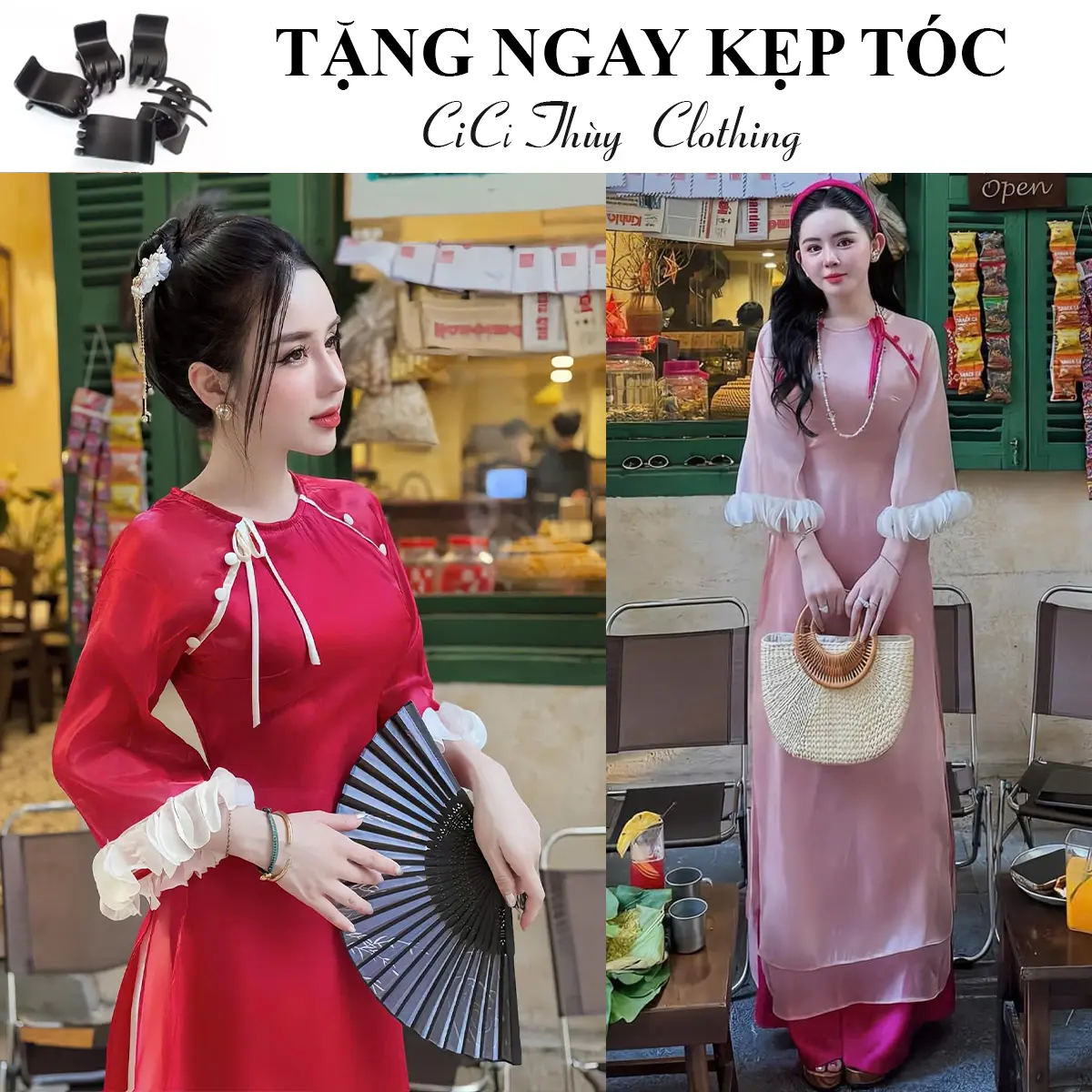 Áo Dài Tết 2025 Tơ Tay Bèo Phối Nơ Cúc Bọc Cổ Tròn Tơ Bọt Biển Phù Hợp Chụp Ảnh Caffe Dáng Eo Nữ Women Dress Đỏ