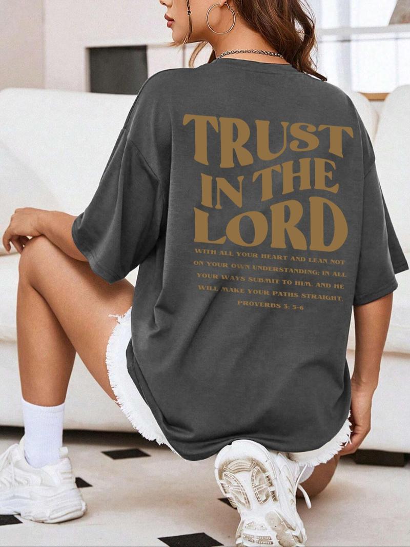 Product Introduction of Women's Plain / Letter Print Drop Shoulder Tee, Casual Comfy Graphic Print Half Sleeve Round Neck T-Shirt for Summer, Fashion Simple Women's Top for Daily Wear, Clothing 6