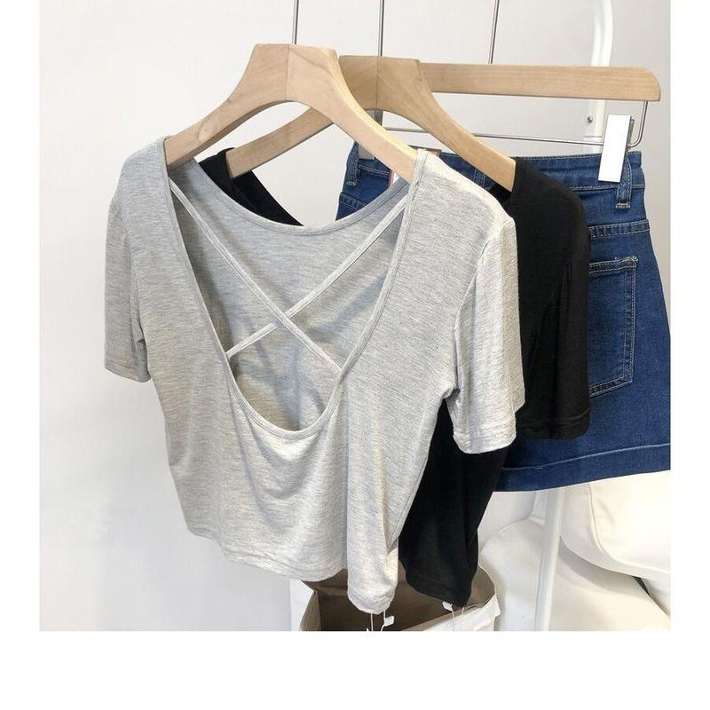 2024 Summer new Korean style slim fit sneaky design cross beauty back short underwear short-sleeved T-shirt top for women 2