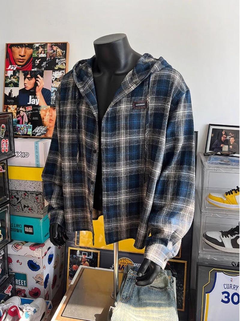 Product Introduction of Blue Gray Plaid Hooded Plaid Shirt Korean Vintage Long Sleeve Top Men's Loose Shirt 10