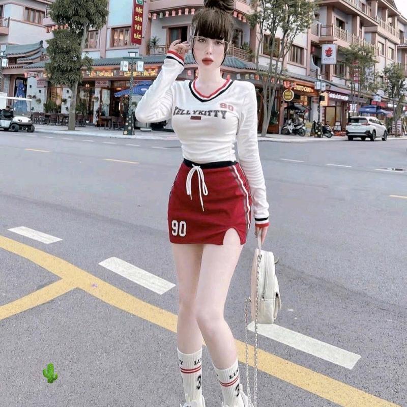 Set Áo Croptop Tay Dài Phối Màu Kèm Chân Váy Chữ A Năng Động Women 7