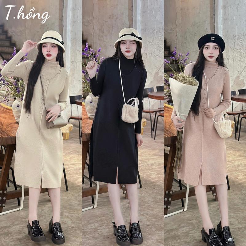  Sét váy bầu SVL782 sét len 2ct váy len ép sát nách kèm áo len cổ lọ sét váy len thời trang bầu bì bon chen thoải mái 