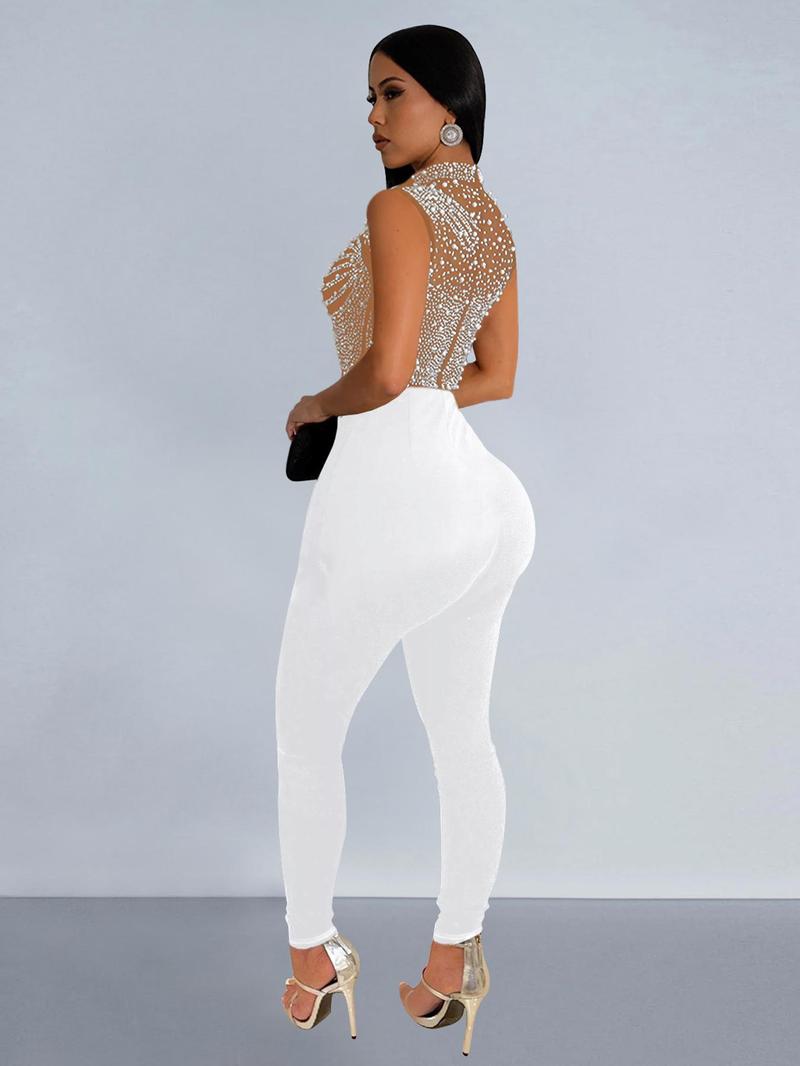 Product Introduction of Women's Rhinestone Decor Sheer Mesh Jumpsuit, Elegant Mock Neck Sleeveless Jumpsuit for Party Club Dating, Women's Clothing for Fall 6