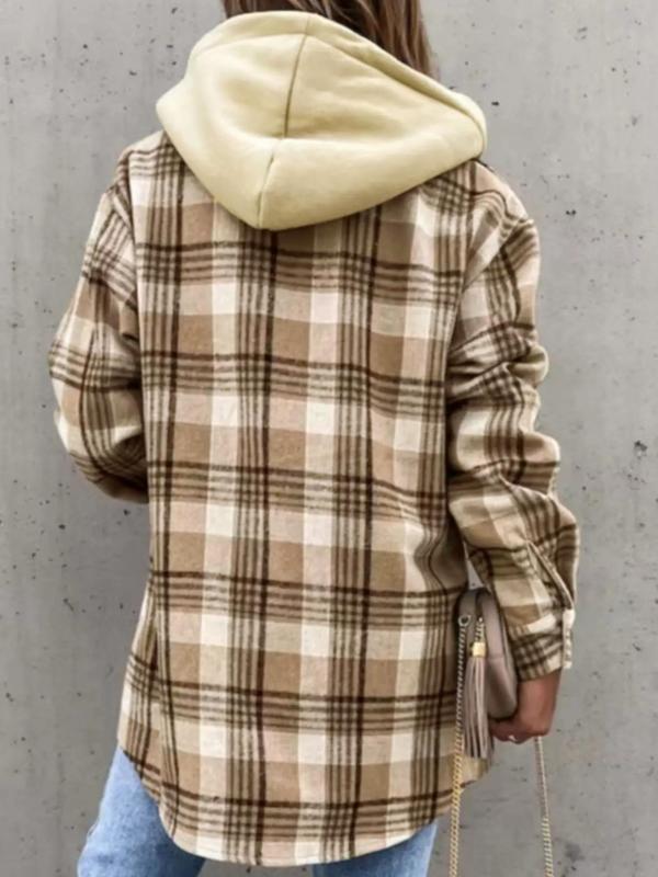Women's Plaid Print Flap Pockets Button Front Hooded Overcoat, Casual Fitted Drop Shoulder Hooded Coat for Fall & Winter, Women's Clothing, Please Purchase A Size Up 4