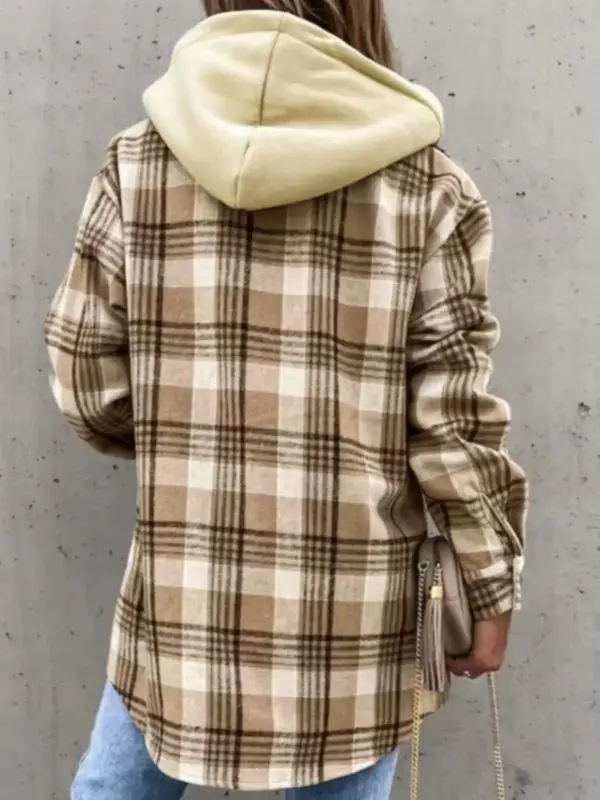 Women's Plaid Print Flap Pockets Button Front Hooded Overcoat, Casual Fitted Drop Shoulder Hooded Coat for Fall & Winter, Women's Clothing, Please Purchase A Size Up 4
