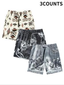 Men's Tribal & Animals Print Drawstring Waist Shorts, Regular Fit Casual Comfy Beach Shorts, Men's Bottoms for Summer