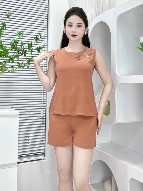 BỘ MẶC NHÀ,BỘ LANH NHUNG QUẦN ĐÙI PHỐI NƠ VAI, SIZE 45-65KG Nữ Voi Women Áo 3